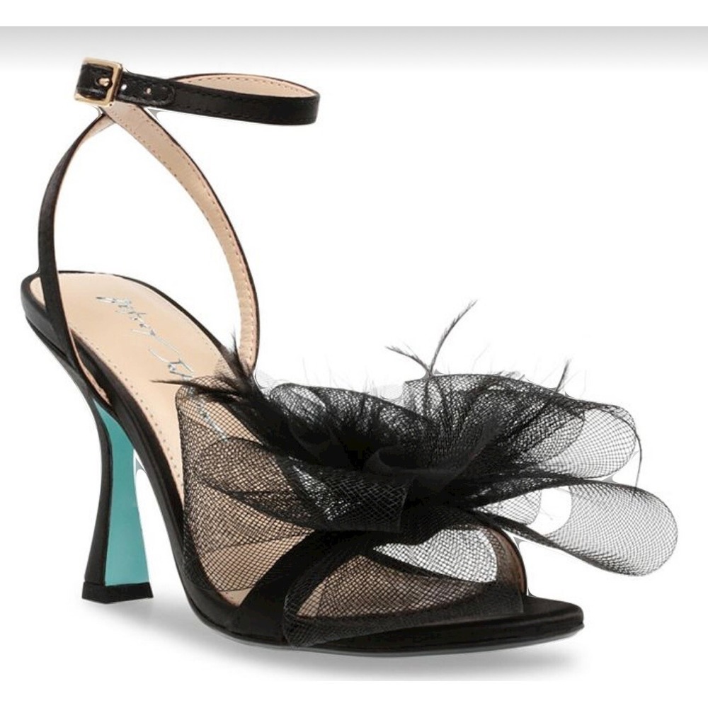 Betsey Johnson Lylla Black Satin Bow Feather Heels Brand New In Box Size 8